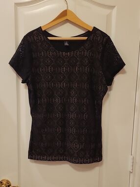 INC International Concepts Black Lace Short Sleeve Tee